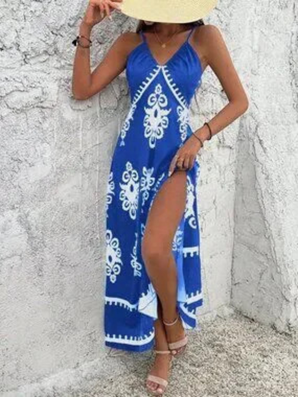 Royal Blue Boho Women's Strap Split Maxi Dress with Floral Print